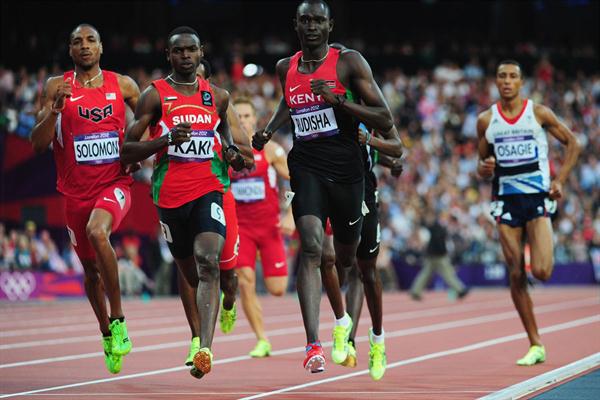 David Lekuta Rudisha of Kenya leads Duane Solomon (L) of the United States, Abubaker Kaki (2L) of Sudan and Andrew Osagie of Great Britain to win gold and set a new world record in the Men's 800m Final on Day 13 of the London 2012 Olympic Games on August 9, 2012  (Getty Images)