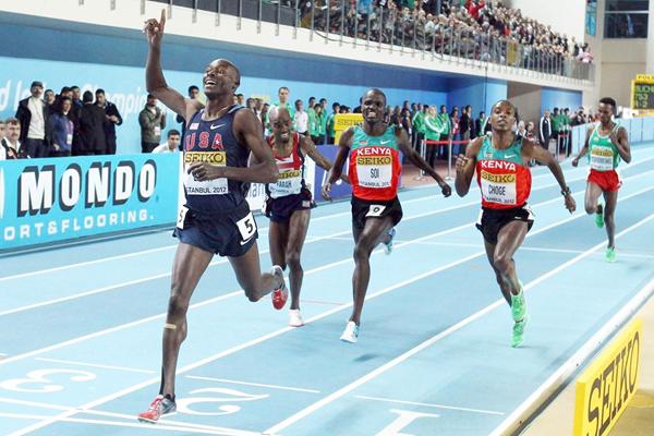 (L-R) Bernard Lagat of the United States celebrates as crosses the line to win gold ahead of Mo Farah of Great Britain Edwin Sol of Kenya and Augustine Choge of Kenya in the Men’s 3000 Metres Final during day three - WIC Istanbul (Getty Images)