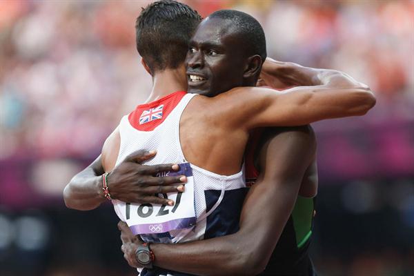 David Lekuta Rudisha of Kenya is congratulated by Andrew Osagie of Great Britain after winning gold and setting a new world record in the Men's 800m Final on Day 13 of the London 2012 Olympic Games on 9 August 2012 (Getty Images)
