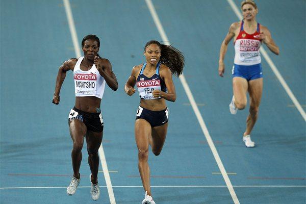 Amantle Montsho (L) of Botswana and Allyson Felix (C) of United States  and Anastasiya Kapachinskaya of Russia (R) fighting in the women's 400 metres final (Getty Images)