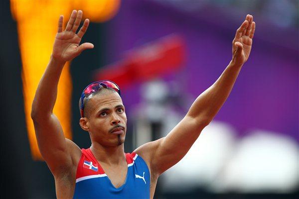 Felix Sanchez of Dominican Republic celebrates after competing in the Men's 400m Hurdles Semi Final on Day 8 of the London 2012 Olympic Games at Olympic Stadium on August 4 2012 (Getty Images)