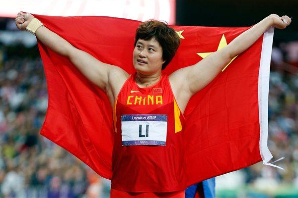Bronze medalist Yanfeng Li of China celebrates after the Women's Discus Throw Final on Day 8 of the London 2012 Olympic Games at Olympic Stadium on August 4, 2012 (Getty Images)