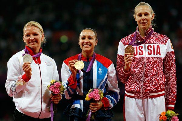 (R-L) Bronze medalist Tatyana Chernova of Russia, gold medalist Jessica Ennis of Great Britain and silver medalist Lilli Schwarzkopf of Germany pose on the podium during the medal ceremony for Women's Heptathlonon Day 8 of the London 2012 Olympic Games at Olympic Stadium on August 4, 2012  (Getty Images)