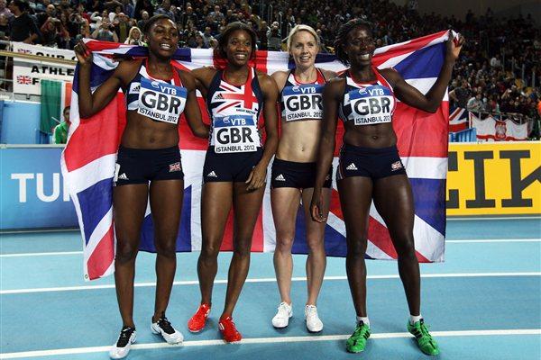 (L-R) Perri Shakes-Drayton, Shana Cox, Nicola Sanders and Christine Ohuruogu of Great Britain celebrate as they win gold in the Women’s 4x400 Metres Final during day three - WIC Istanbul (Getty Images)