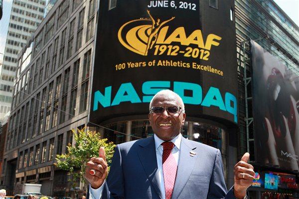 IAAF President Lamine Diack with with the famous NASDAQ ticker (Victah Sailer)