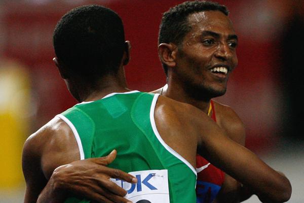 Zersenay Tadese of Eritrea is congratulated on winning the silver medal by Kenenisa Bekele of Ethiopia who took the gold medal in a Championship Record in the Berlin Olympic Stadium (Getty Images)