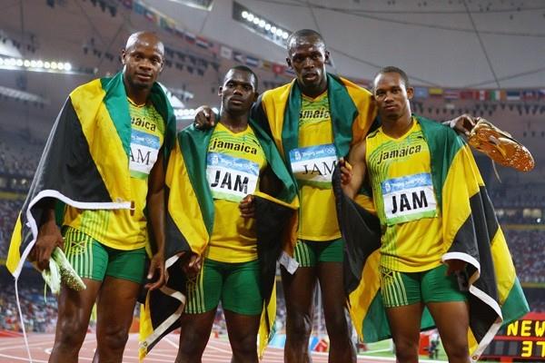 Asafa Powell, Nesta Carter, Usain Bolt and Michael Frater - the Jamaican team who smashed the 4x100m world record (Getty Images)