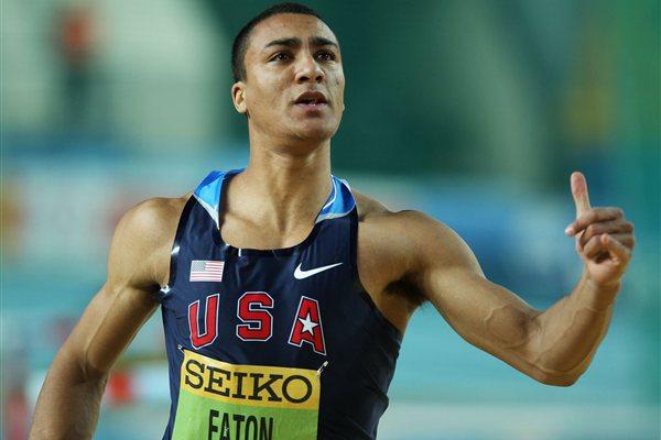 Ashton Eaton of the United States reacts as he crosses the line in the Men's 60 Metres Hurdles in the Heptathlon during day two - WIC Istanbul (Getty Images)
