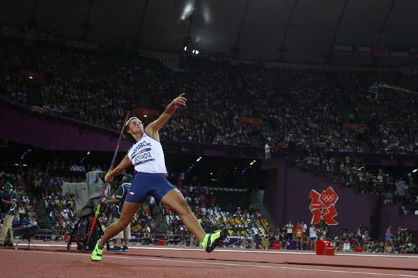 The victory throw for Barbora Spotakova of Czech Republic in the Women's Javelin Throw Final of the London 2012 Olympic Games  on August 9, 2012 2 (Getty Images)