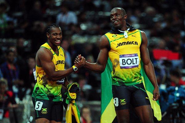 Silver medalist Yohan Blake of Jamaica congratulates Usain Bolt of Jamaica on winning gold in the Mens 100m Final on Day 9 of the London 2012 Olympic Games on 5 August 2012 (Getty Images)