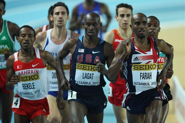 Mo Farah of Great Britain and Bernard Lagat of the United States compete in the Men's 3000 Metres first round during day one - WIC Istanbul (Getty Images)