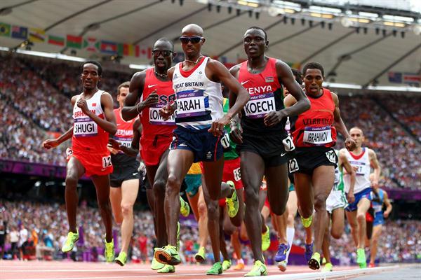 (L-R) Bilisuma Shugi of Bahrain, Lopez Lomong of the United States, Mo Farah of Great Britain, Isiah Kiplangat Koech of Kenya and Hayle Ibrahimov of Azerbaijan compete in the Men's 5000m Round 1 Heats on Day 12 of the London 2012 Olympic Games at Olympic Stadium on August 8, 2012  (Getty Images)