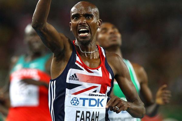 Mohamed Farah of Great Britain celebrates as he crosses the finish line to claim victory in the men's 5000 metres final (Getty Images)