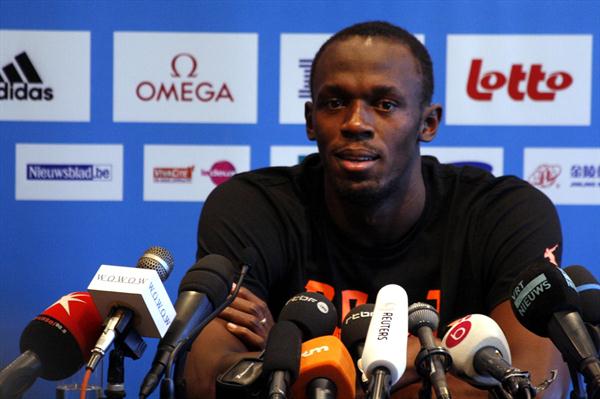 Usain Bolt on the eve of the Memorial van Damme in Brussels (Bob Ramsak)