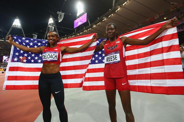 Gold medalist Brittney Reese of the United States celebrates with teammate and bronze medalist Janay Deloach of the United States after the Women's Long Jump Final on Day 12 of the London 2012 Olympic Games on 8 August 2012 (Getty Images)