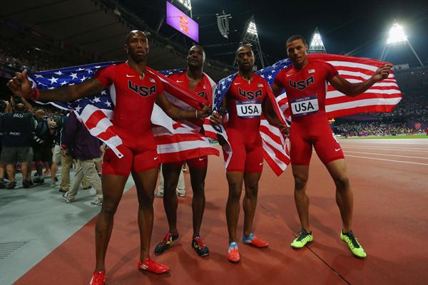 Trell Kimmons, Justin Gatlin, Tyson Gay and Ryan Bailey of the United States celebrate winning silve during the Men's 4 x 100m Relay Final  of the London 2012 Olympic Games on August 11, 2012  (Getty Images)