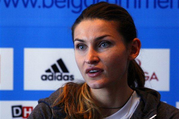 Anna Chicherova at the pre-meet press conference in Brussels (Bob Ramsak)