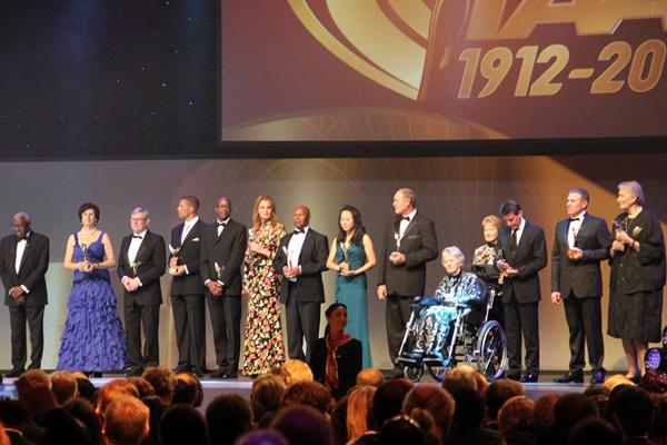 IAAF President Lamine Diack with some of the inaugural members of the IAAF Hall of Fame at the IAAF Centenary Gala in Barcelona (Bob Ramsak)