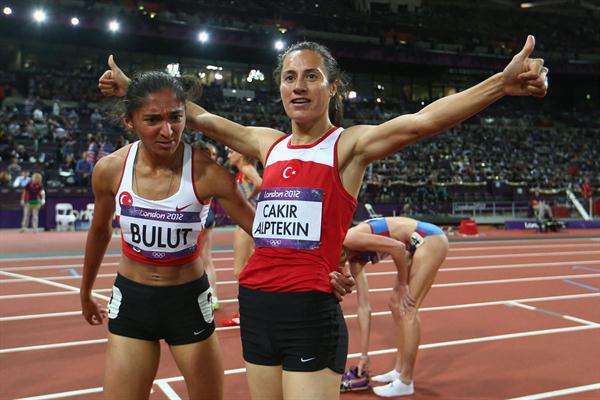 Gold medalist Asli Cakir Alptekin of Turkey celebrates with silver medalist Gamze Bulut of Turkey after the Women's 1500m Final on Day 14 of the London 2012 Olympic Games at Olympic Stadium on August 10, 2012 (Getty Images)