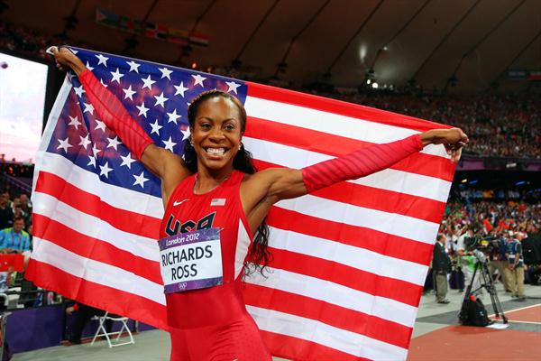 Sanya Richards-Ross of the United States celebrates winning gold in the Women's 400m Final on Day 9 of the London 2012 Olympic Games on 5 August 2012 (Getty Images)