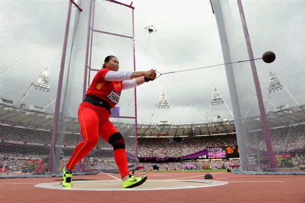Wenxiu Zhang of China competes in the Women's Hammer Throw Qualifications on Day 12 of the London 2012 Olympic Games at Olympic Stadium on August 8, 2012  (Getty Images)