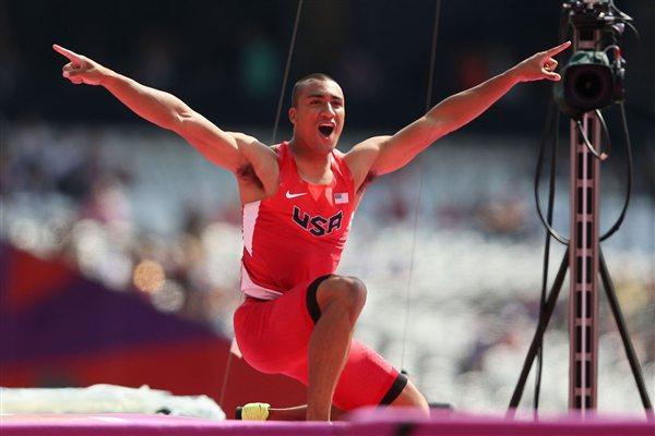 Ashton Eaton of the United States reacts after competing in the Men's Decathlon Pole Vault of the London 2012 Olympic Games on August 9, 2012 (Getty Images)