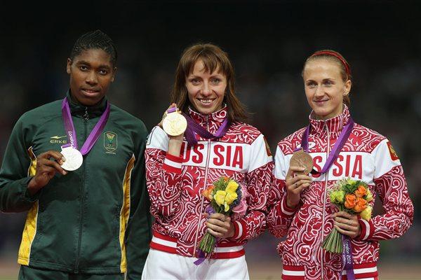 Silver medalist Caster Semenya of South Africa, gold medalist Mariya Savinova of Russia and bronze medalist Ekaterina Poistogova of Russia pose on the podium during the medal ceremony for the Women's 800m on Day 15 of the London 2012 Olympic Games at Olympic Stadium on August 11, 2012  (Getty Images)