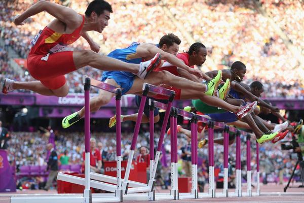 (L-R) Wenjun Xie of China, Konstantin Shabanov of Russia, Aries Merritt of the United States, Andrew Turner of Great Britain and Selim Nurudeen of Nigeria compete in the Men's 110m Hurdles Semifinal on Day 12 of the London 2012 Olympic Games at Olympic Stadium on August 8, 2012  (Getty Images)