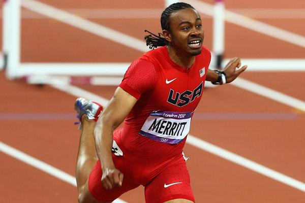 Aries Merritt of the United States crosses the finish line to win gold in the Men's 110m Hurdles Final on Day 12 of the London 2012 Olympic Games (Getty Images)