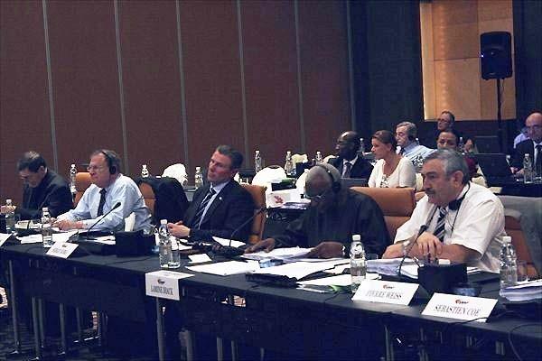 IAAF Vice President Bob Hersh, Senior Vice President Sergey Bubka, President Lamine Diack, and General Secretary Pierre Weiss at the Council Meeting in Doha (IAAF)
