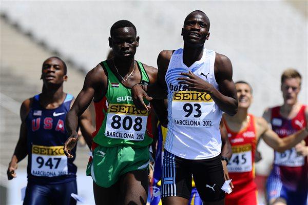 Nijel Amos of Botswana and Elnazeer Abdelgader won their Men's 800 metres qualifications heat on the day four of the 14th IAAF World Junior Championships in Barcelona on 13 July 2012 (Getty Images)