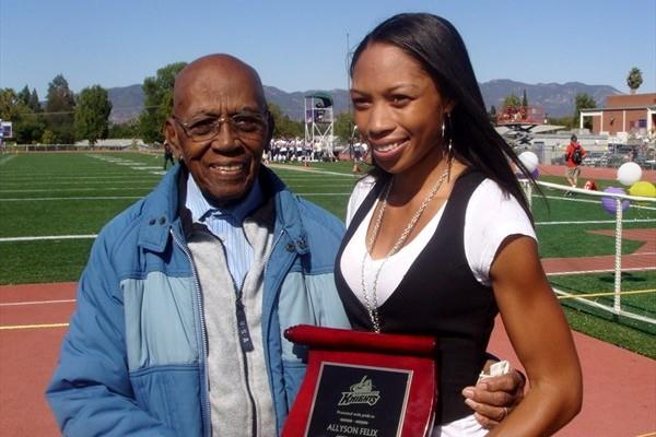 Allyson Felix with her grandfather, Dr. Whalen S. Jones, who recently celebrated his 100th birthday (Kirby Lee)