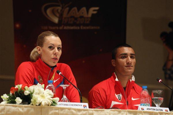 Tatyana Chernova and Ashton Eaton at the pre-champs press conference in Istanbul (Getty Images)