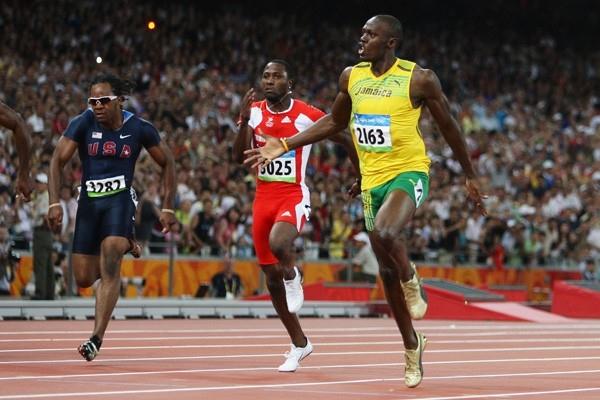 The three Olympic 100m medallists: Walter Dix (bronze), Richard Thompson (silver) and Usain Bolt (gold) (Getty Images)