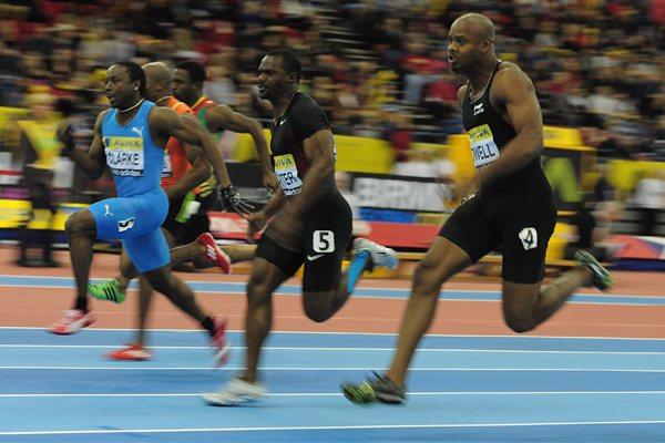 Lerone Clarke on his way to a 60m victory in Birmingham over among others Asafa Powell  (Getty Images)