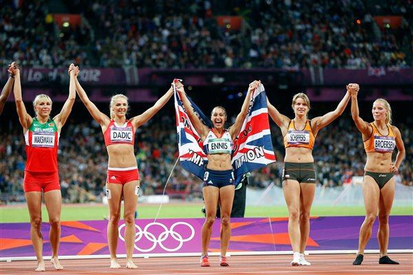 Jessica Ennis of Great Britain (C) celebrates winning gold in the Women's Heptathlon with fellow heptathletes on Day 8 of the London 2012 Olympic Games (Getty Images)