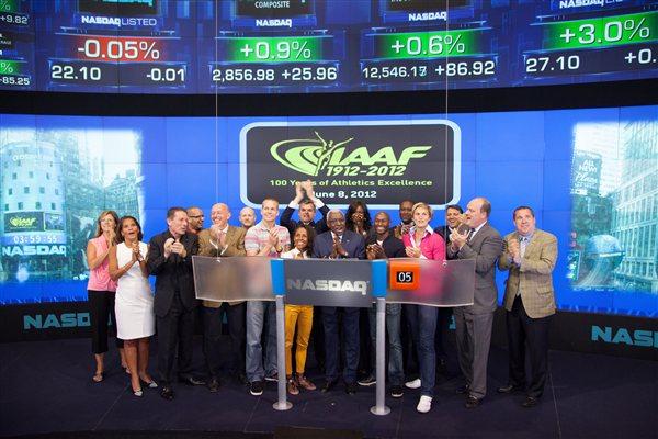 An IAAF delegation with President Lamine Diack at the NASDAQ offices (NASDAQ)