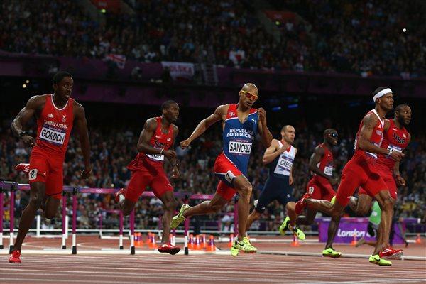 Jehue Gordon of Trinidad and Tobago, Felix Sanchez of Dominican Republic and Javier Culson of Puerto Rico race in the Men's 400m Hurdles final on Day 10 of the London 2012 Olympic Games on 6 August 2012 (Getty Images)