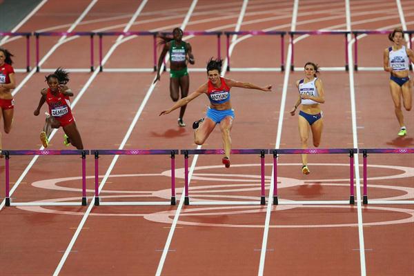 Natalya Antyukh of Russia and Lashinda Demus of the United States lead the field in the Women's 400m Hurdles Final on Day 12 of the London 2012 Olympic Games on 8 August 2012 (Getty Images)