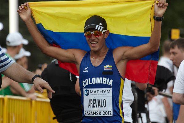 Eider Arevalo celebrates winning the junior title at the IAAF World Race Walking Cup in Saransk (Getty Images)
