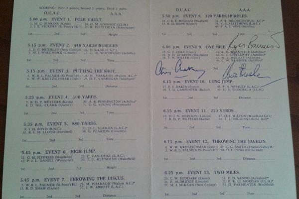 Autographed meeting programme - the first sub-4 minute mile (Courtesy Chris Turner)