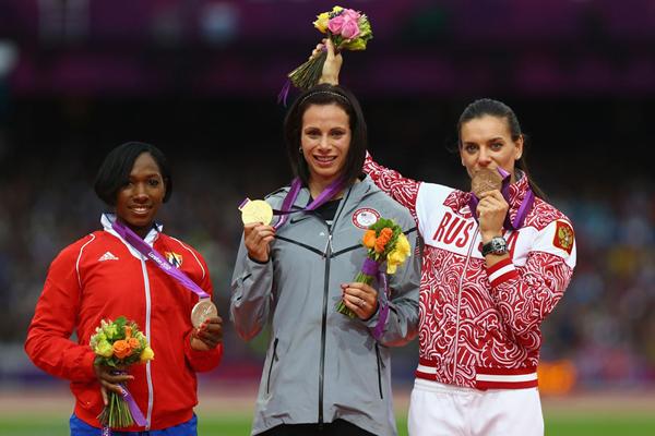 Silver medallist Yarisley Silva, gold medallist Jenn Suhr and bronze medallist Elena Isinbaeva on the podium for the women's Pole Vault at the London 2012 Olympics (Getty Images)