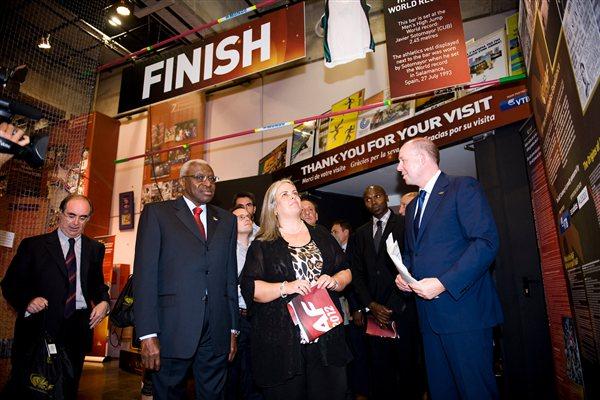 IAAF President Lamine Diack and Deputy Major of the City of Barcelona Maite Fandos and other guests at the IAAF Centenary Exhibition at the Joan Antoni Samaranch Olympic and Sport Museum in Barcelona (Getty Images)