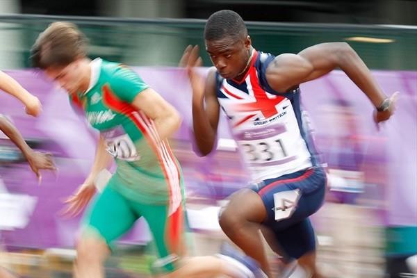 David Bolarinwa of Great Britain competes in the boys 100m heat at the Youth Olympic Games in Singapore (XINHUA /SYOGOC-Pool/ Liao Yujie)
