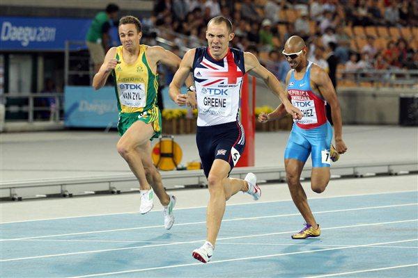 David Greene (C) of Great Britain celebrates after crossing the finish line and claiming gold ahead of L.J. van Zyl (L) of South Africa and Felix Sanchez of Dominican Republic in the men's 400 metres hurdles final  (Getty Images)