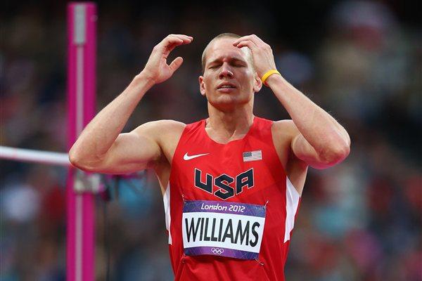 Jesse Williams of the United States reacts after a jump while competing in the Men's High Jump Final on Day 11 of the London 2012 Olympic Games at Olympic Stadium on August 7, 2012 (Getty Images)