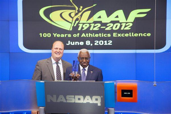 IAAF President Lamine Diack with NASDAQ Vice President David Wicks (NADAQ)