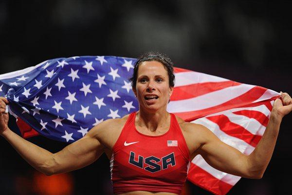 Jennifer Suhr of the United States celebrates after winning the gold medal in the Women's Pole Vault final on Day 10 of the London 2012 Olympic Games on 6 August 2012 (Getty Images)
