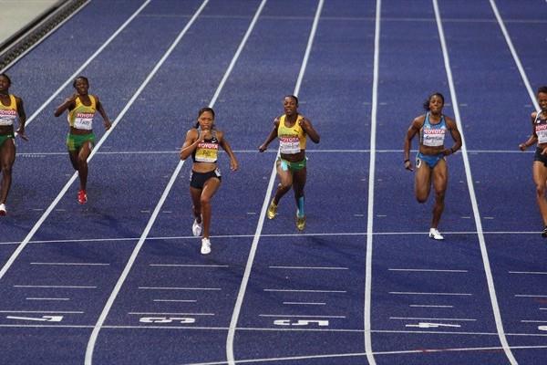 Allyson Felix of the United States on her way to winning the women's 200m in Berlin (Getty Images)