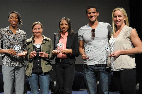 Photos of Allyson Felix at the USC Conference on Sports: the Road to London. Panelists at the USC Conference on Sports, from left: Lashinda Demus, Rebecca Soni, Allyson Felix, Ous Mellouli and Jessica Hardy (Kirby Lee)